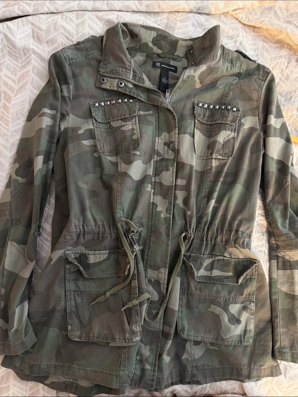 INC Green Camouflage Utility Jacket with Studded Pockets